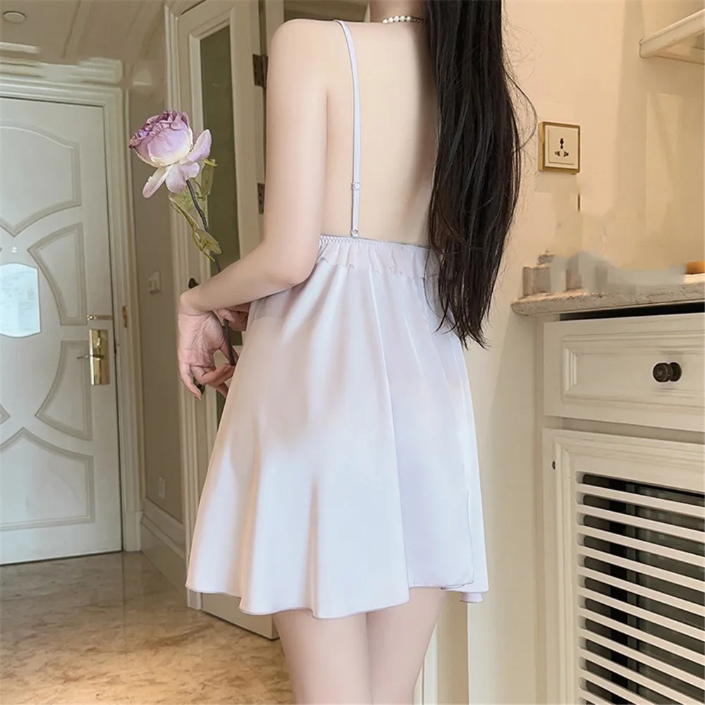 Sexy Solid Color Satin Nightgown Female Sleepwear Summer Ice Silk Nightdress Fashion Nightdress Home Wear