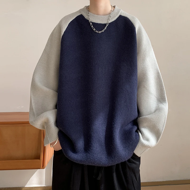 

Men's Clothing Lantern Long Sleeve Crew Neck Autumn Winter Pullover Casual Sweater Knitted Contrast Color Screw Thread Tops