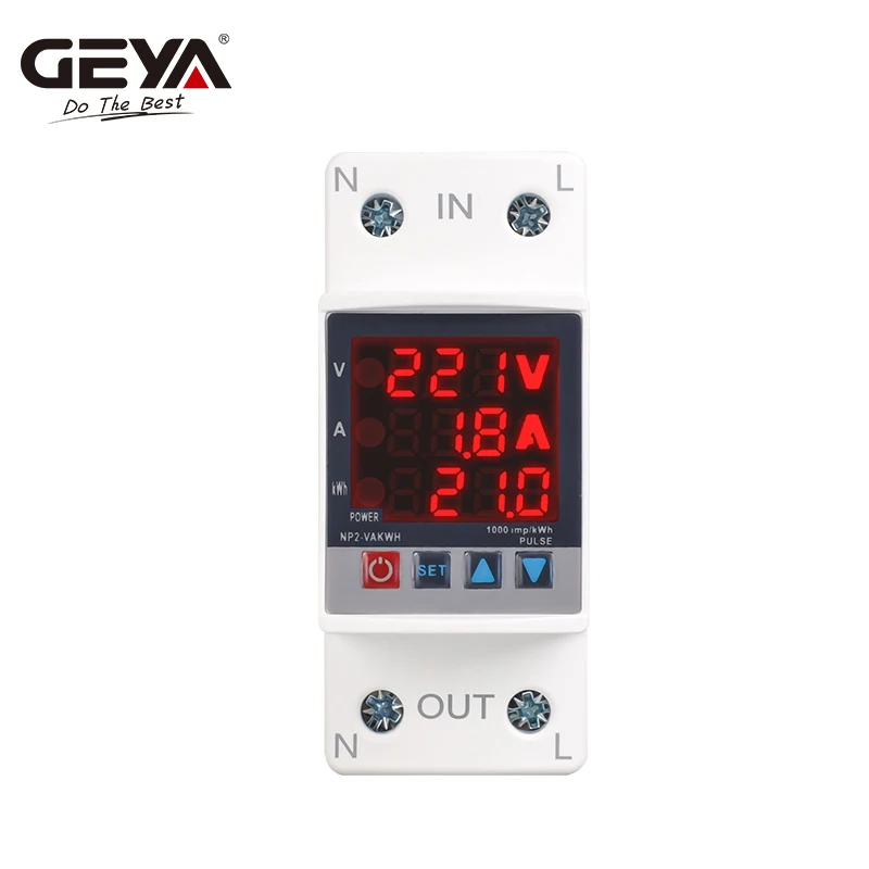 GEYA GP2-VAKWH Din Rail Adjustable Over Under Voltage Surge Protector Relay Over Current Protection Kwh Power Meter 230VAC 63A