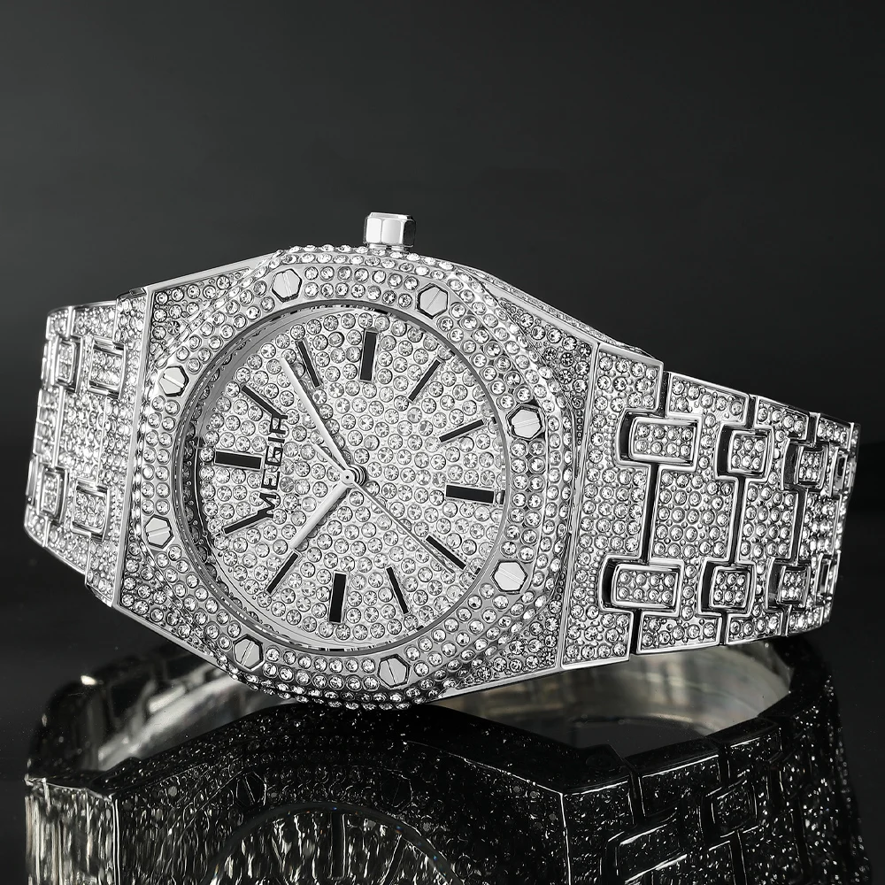 MEGIR Luxury Quartz Rhinestone Watch for Men Golden Clock Stainless Steel Waterproof Man Wristwatch Top Brand Business Watches