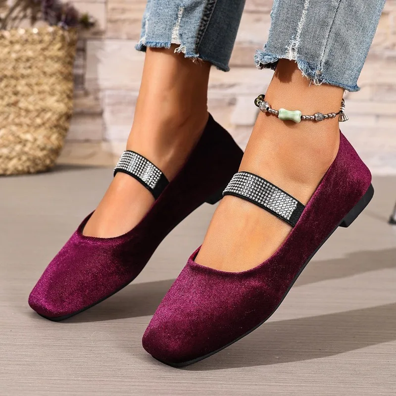 Luxury Rhinestone Strap Casual Women's Flats and Loafers Fashion Simple Square Toe Elegant Women Shoes Zapatos De Mujer