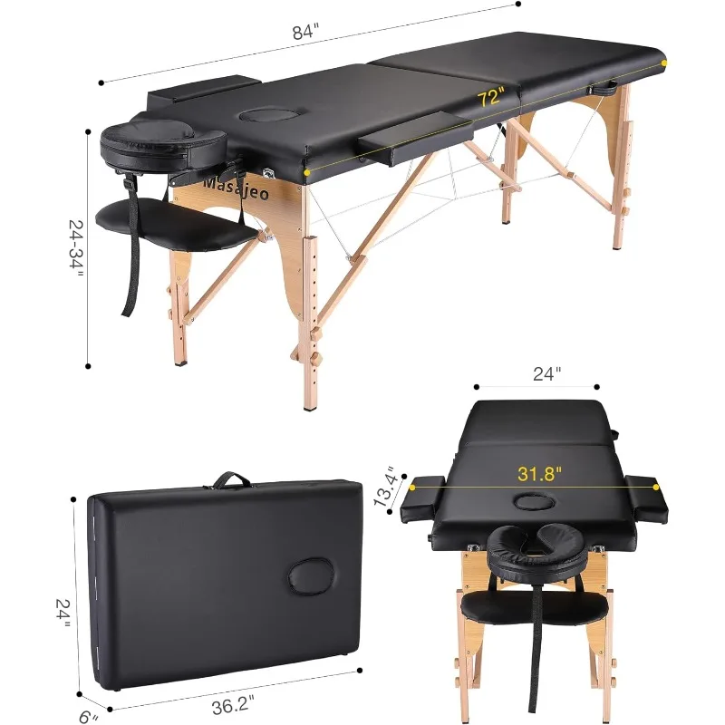 Professional Massage Table Portable Massage Bed for Spa Salon Tattoo Esthetician Lash Reiki, Adjustable Height 84\