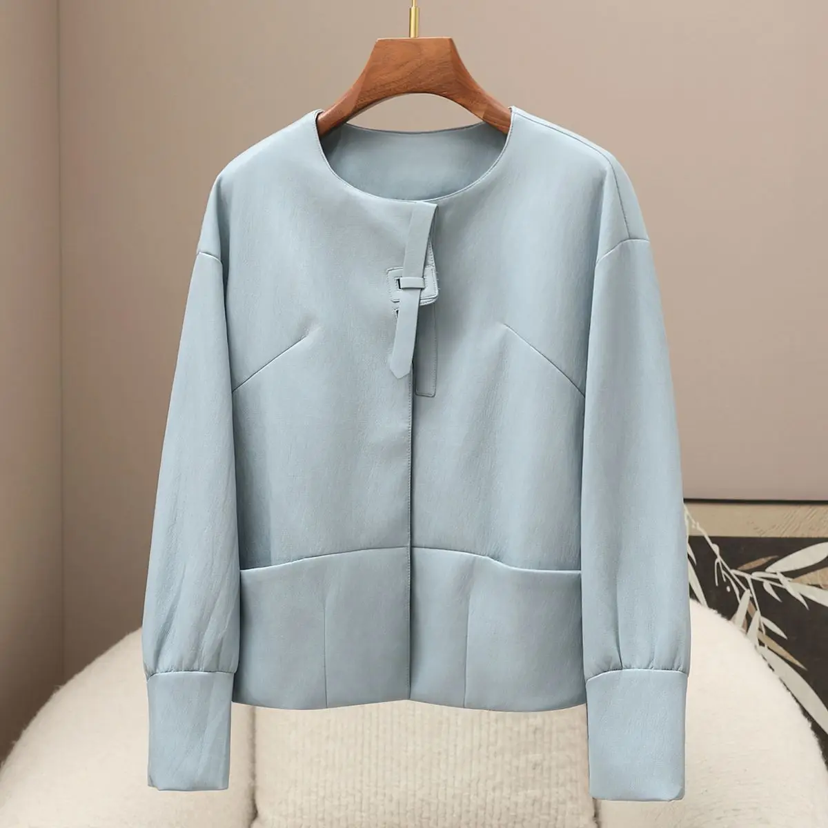 Herfst en winter nieuwe dames PU-jas elegante leren jas met ronde hals