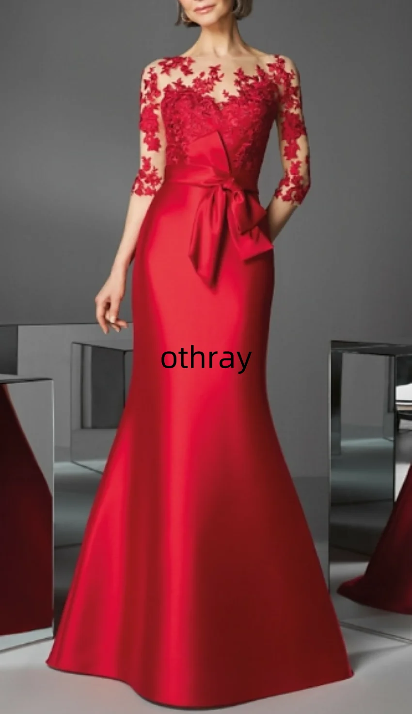 Vestido de noche de sirena para invitados de boda, elegante vestido largo hasta el suelo, manga 3/4, ilusión de cuello, satén con apliques, Otoño,