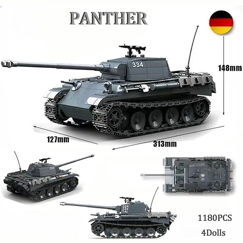 1180PCS WW2 German Military Model Panther Medium Tank Building Blocks Weapons Army Soliders Diy Bricks Toys For Boys Kids Gifts