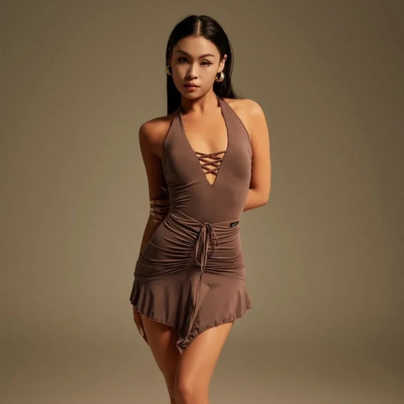 

Sexy Latin Dance Dress Set Clothing for Women Samba Rumba Ballroom Dance Costume Cutout Latin Top Drawstring Skirt Training Wear