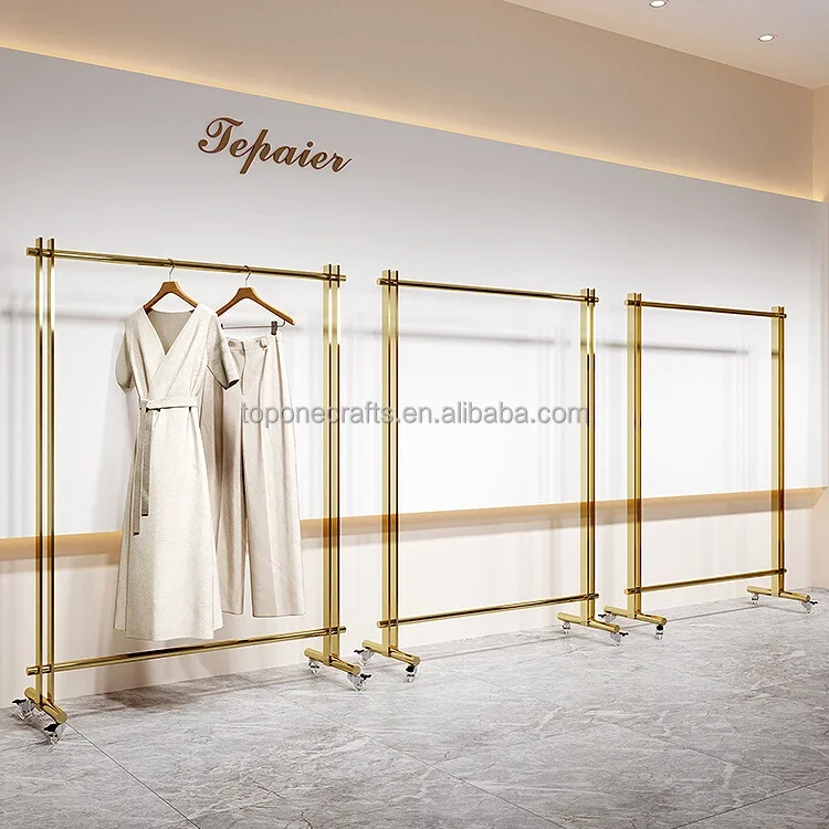 Hot Sale Space Saving Clothes Standing Coat Hanger Rack Mobile Cloth Stand Display Gold Stainless Steel Clothing Racks On Wheels