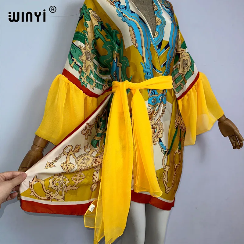 WINYI kimono Bohemia print Self Belted dress Women Elegant Summer holiday Bubble sleeve cardigan beach Wear Swim Suit cover up