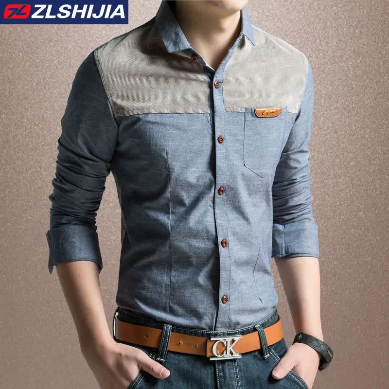 Men's Spliced Long Sleeved Shirt with High-end Feel Korean Version Slim Fit and Versatile Youth Handsome Denim Shirt