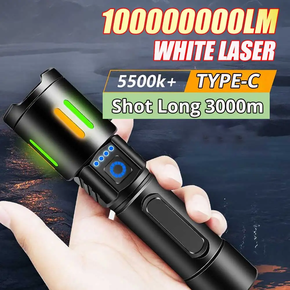 10000000LM Ultra Powerful White Laser Flashlight USB Rechargeable High Power Shot Long 5000M Tactical Telescopic Lantern Camping