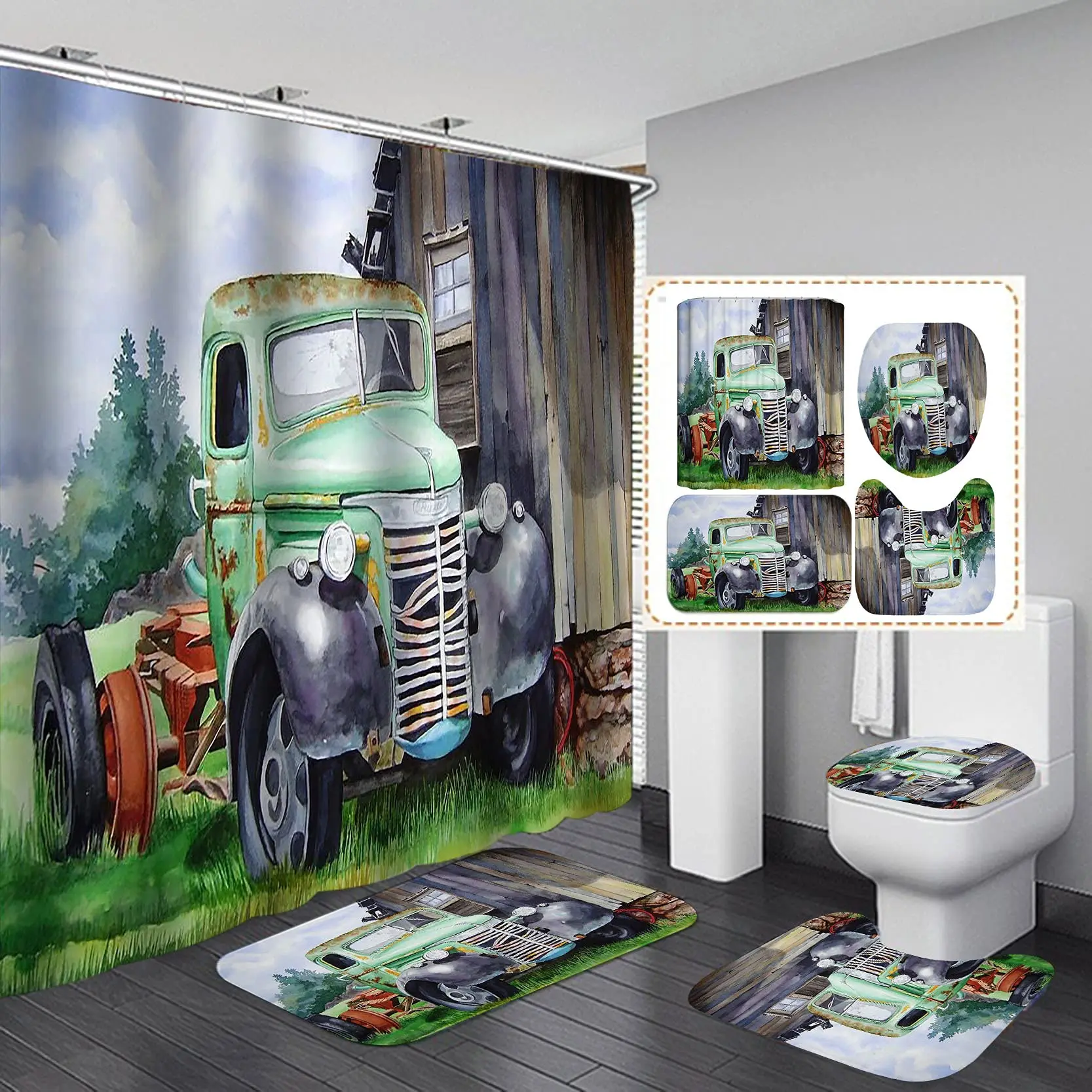 Vintage Teal Farm Truck Shower Curtain Set Antique Car Country Ranch Rustic Farmhouse Bathroom Curtains Decor Polyester Fabric