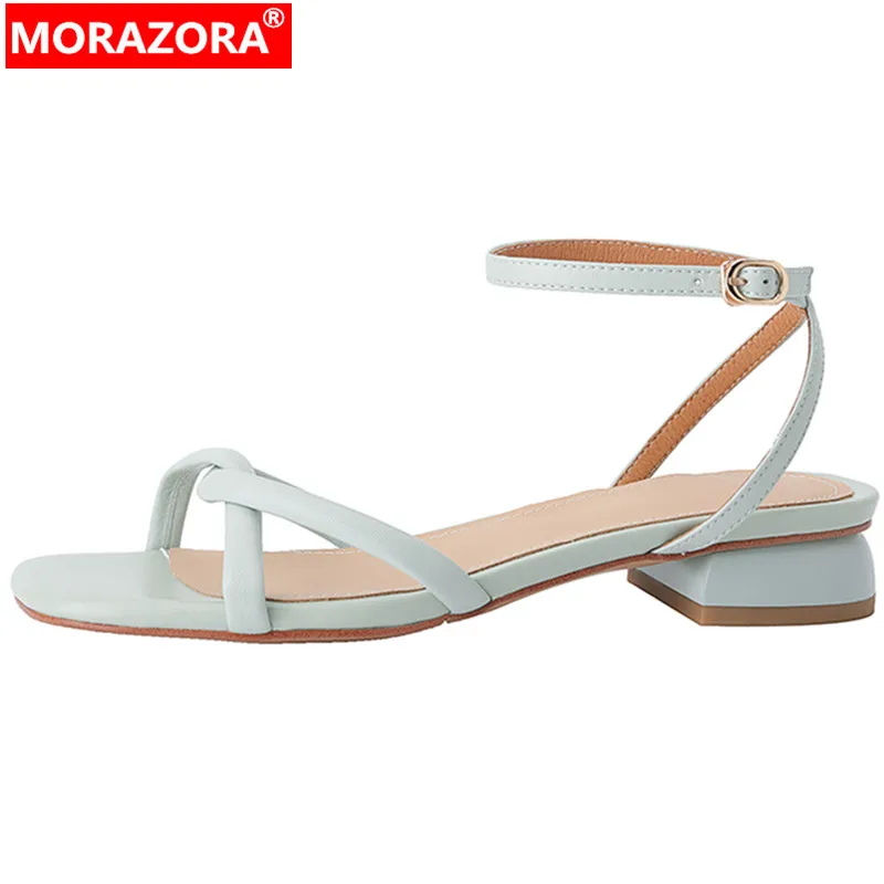 MORAZORA 2024 New Solid Square Low Heels Shoes Buckle Strap Genuine Leather Sandals Women Summer Ladies Dress Shoes