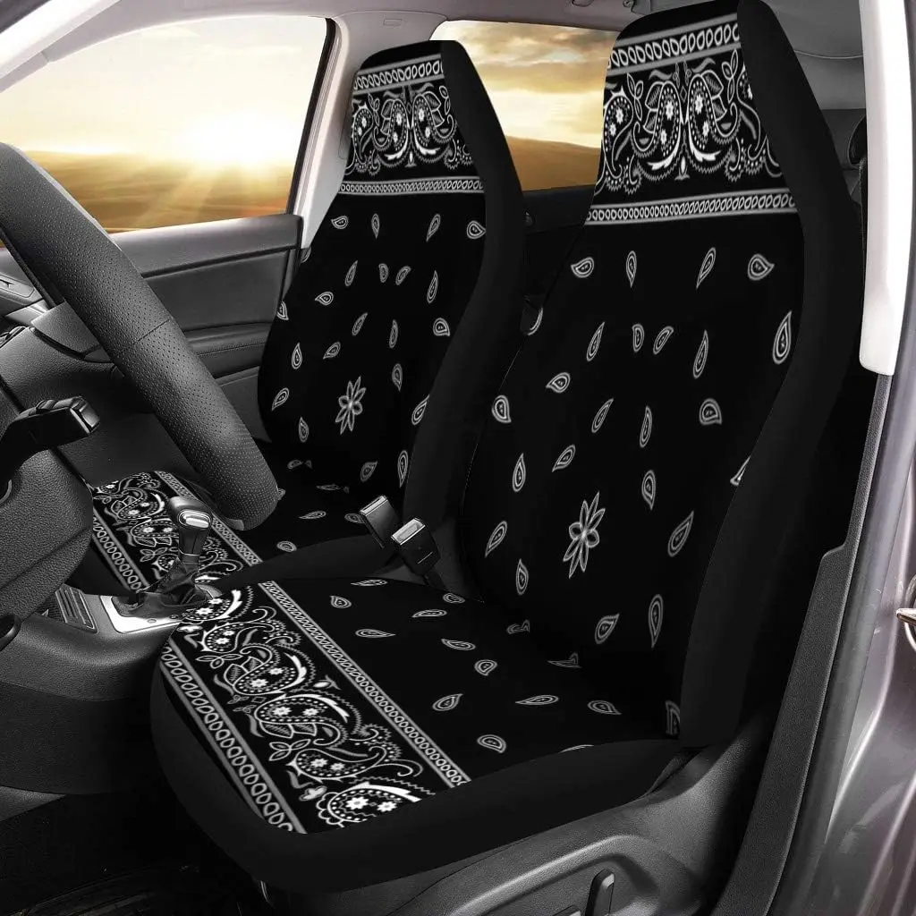 Car Seat Covers Colorful Paisley Black Bandanna Border Scarf White Set of 2 Auto Accessories Protectors Car Decor Universal