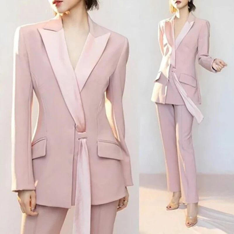 Luxury Fashion Women Suits Pants Sets With Jacket 2 Piece Blazer One Button Peak Lapel Full Sets Elegant Female Clothing 2024