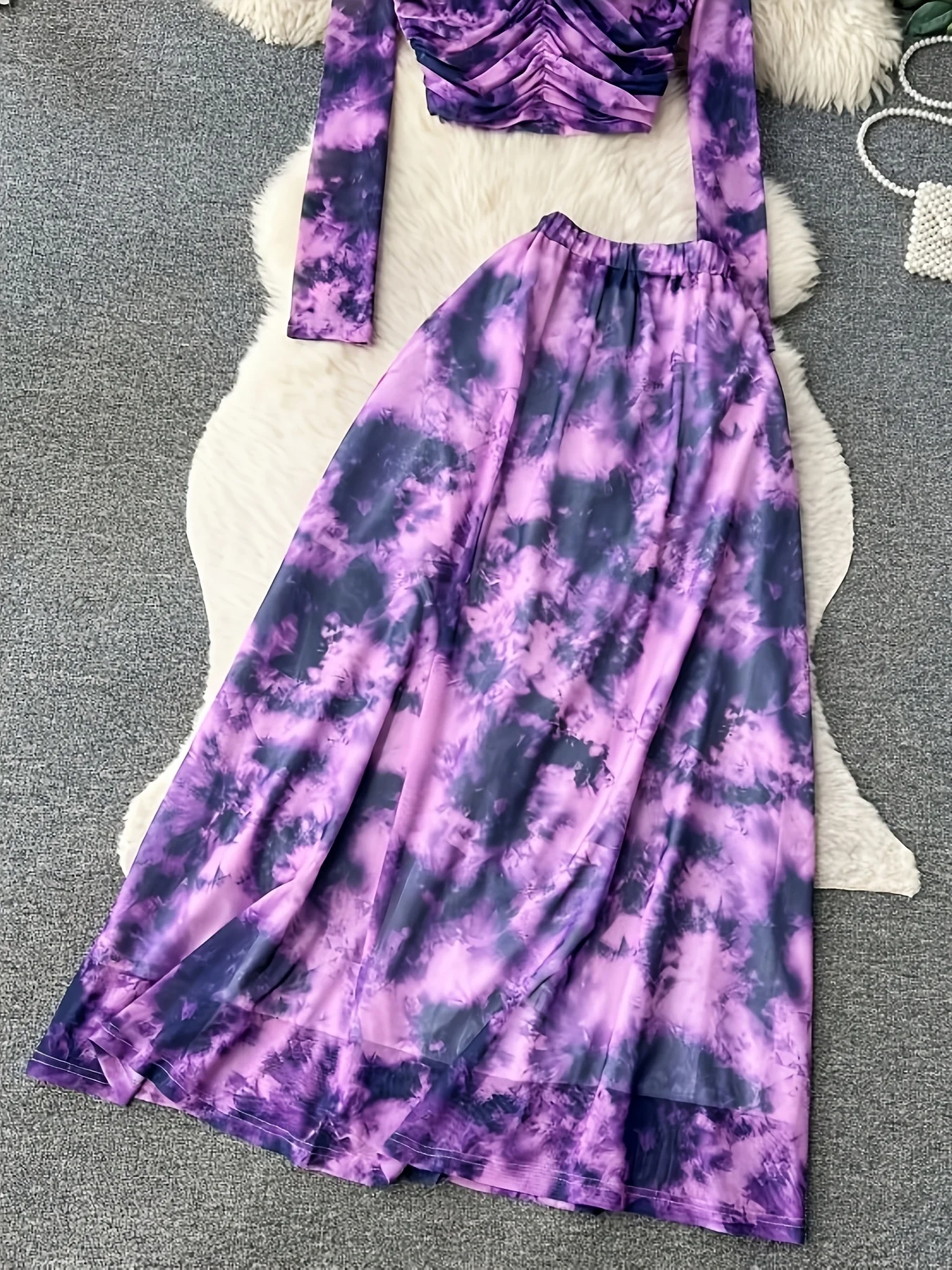New Stylish Tie-Dye Set for Women Featuring a Short Long-Sleeve Mesh Top And a High-Waisted Skirt