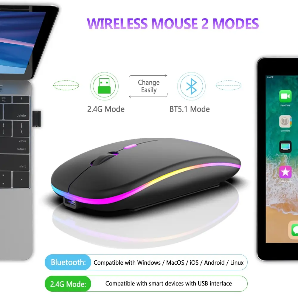 Bezprzewodowa mysz Bluetooth i 2.4GHz dwa tryby ładowania RGB ergonomiczna cicha kliknięcie dla PC iPad Laptop telefon komórkowy TV