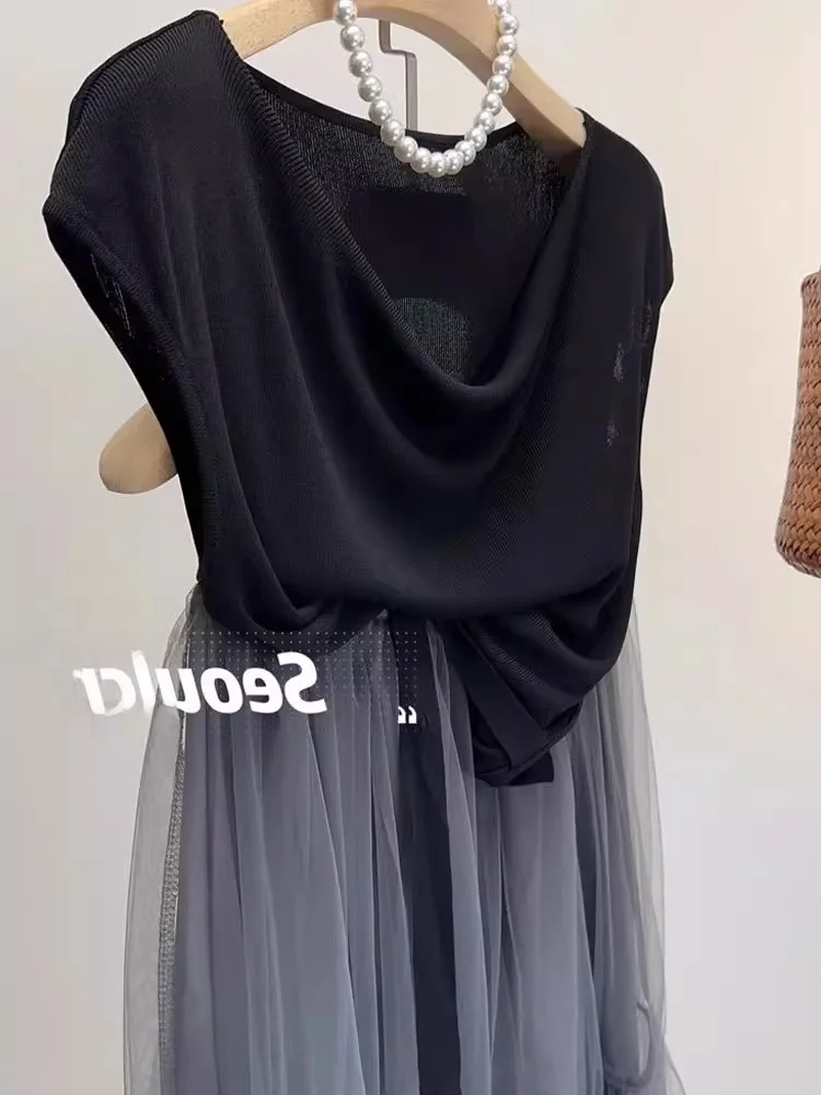 Top de Punto de Seda de Hielo, Sin Mangas, Informal, Color Puro, Estilo Casual, Tendencia de Moda Verano 2025, Corte Regular,...