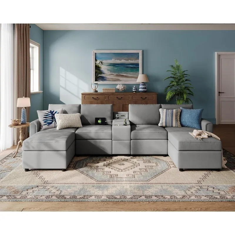 

Модульный диван, секционный диван Rubik I с универсальной консолью и сиденьем для хранения, 4-местный U-образный диван с 2 пуфиками,