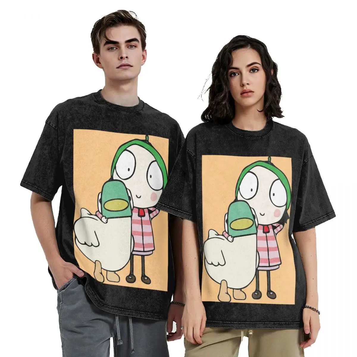Sarah And Duck Having Fun Hip Hop Short Sleeve T-Shirts Washed Tops Tees Streetwear T Shirt Casual for Men woman