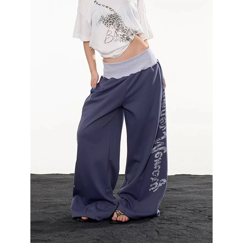 Black Loose Straight Leg Pants Women's Casual Sporty Style Ant Design Trendy American Vibe Loose Fit Comfortable Cotton Blend