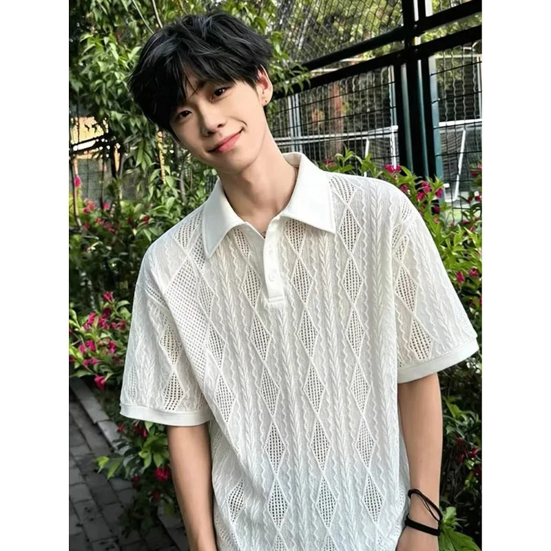 Rice Apricot Mesh Breathable T-shirt Men's Summer Texture Cool Knitted Short-sleeved Polo Shirt Hollow Lapel Half Sleeve