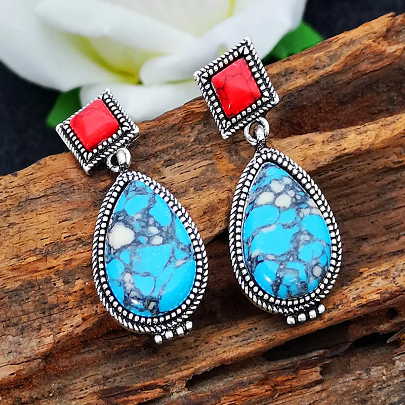 Ajojewel Ethnic Style Earrings Woman Red Blue Stone Vintage Jewelry American Harajuku Things