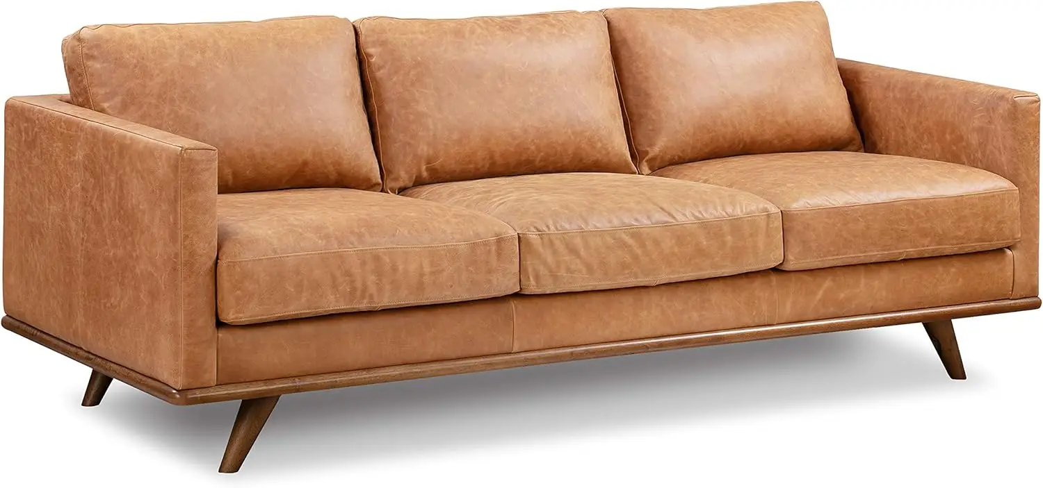 

85" Sofa in Full Grain Pure Aniline Italian Tanned Leather in Cognac Tan Pirelli Webbing Seat and Back Support Solid Wood Legs