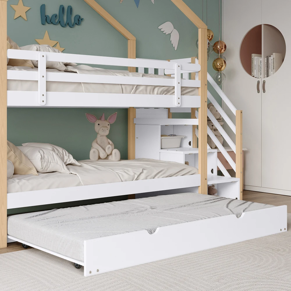 PINGGO Naturweißes Holzhausbett 90x200+90x190cm Kinder-Etagenbett mit Rutsche, Treppe, 3 Schubladen, Sicherheitsgeländer, ohne Matratze – Detail 22