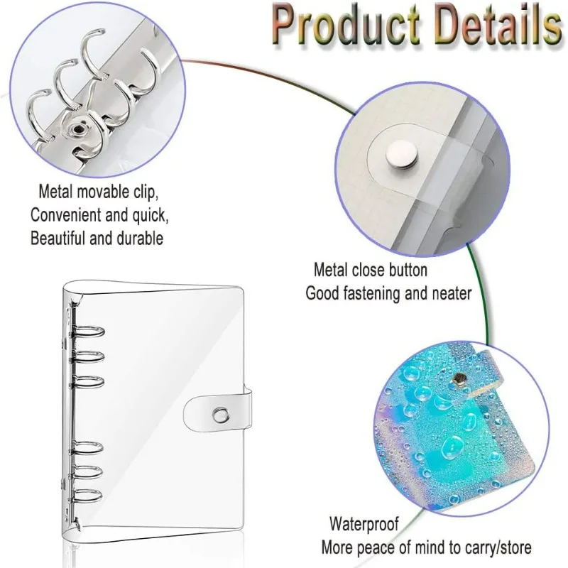 A5 Binder Notebook Cover 6in1 with Transparent PVC Zipper Loose-leaf Bags Cards Photos Documents Storage School Office Supplies