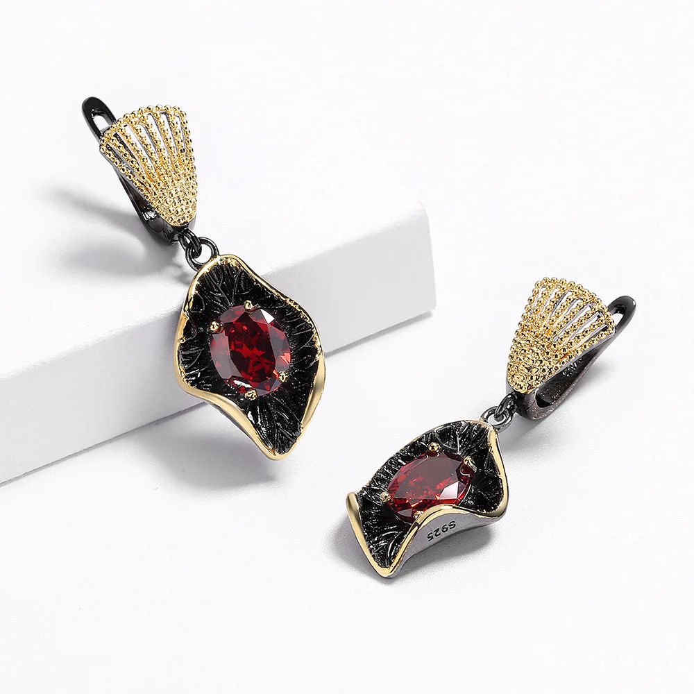 Luxurious Exaggerated Ruby Earrings for Women High Quality Black and Gold Earrings Anniversary Gift Attendance Party Jewelry