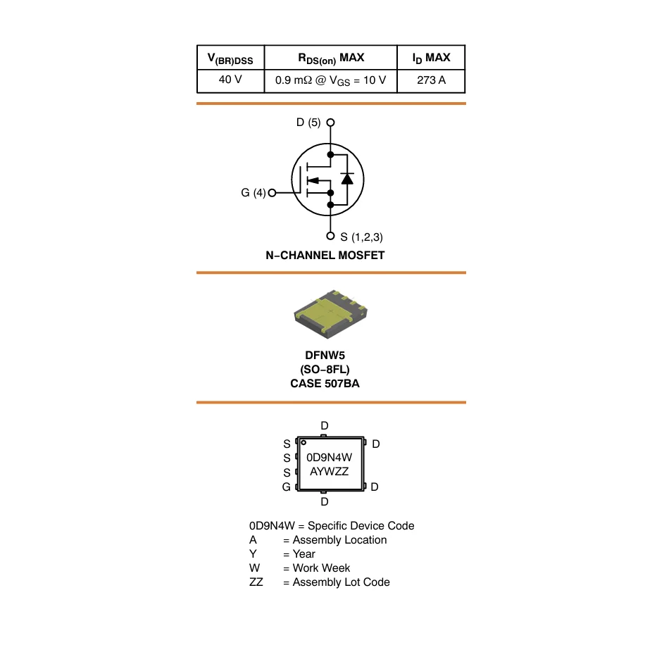 5PCS NVMFWS0D9N04XMT1G Marking 0D9NW DFNW5 SO-8FL 40V 273A 48A 0.9mΩ 121W N-Channel NEW Original Field-Effect Transistor MOSFETs