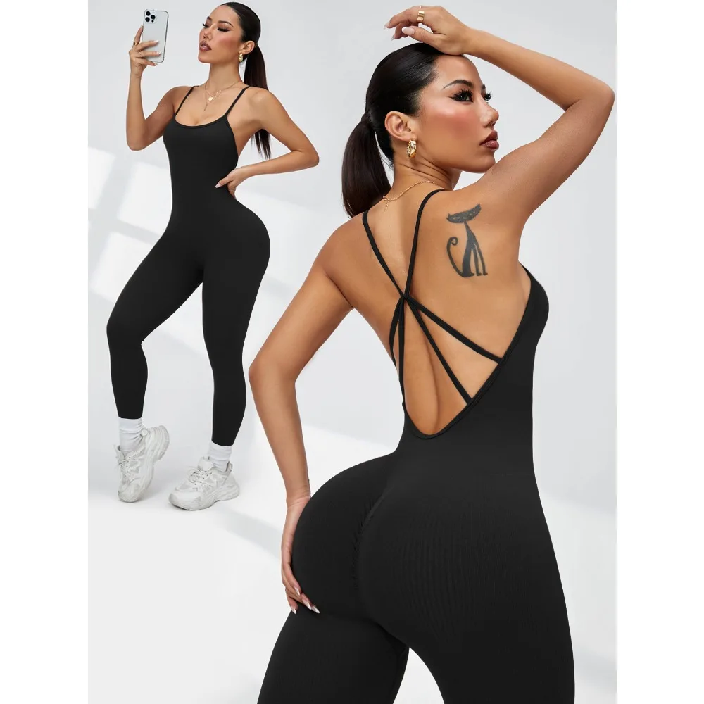 مثير قطعة واحدة ملابس اليوغا سريعة الجافة اللياقة البدنية ضيق لا وسادة الصدر الصليب جميلة الظهر السراويل الطويلة قطعة واحدة اللياقة البدنية البدلة