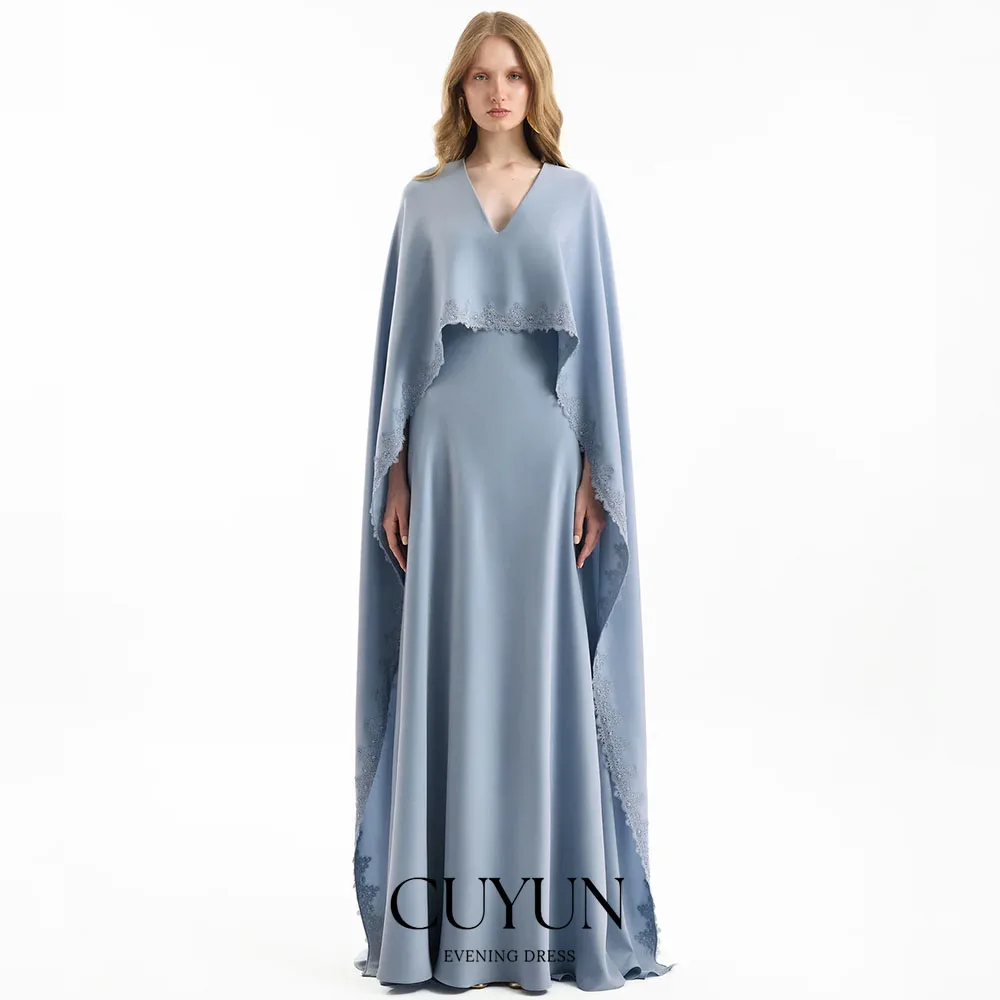 

CUYUN Customized Misty Blue V-Neck Modest Evening Dresses with Cape Lace Elegant Women Wedding Party Gown for Guest Formal Gown