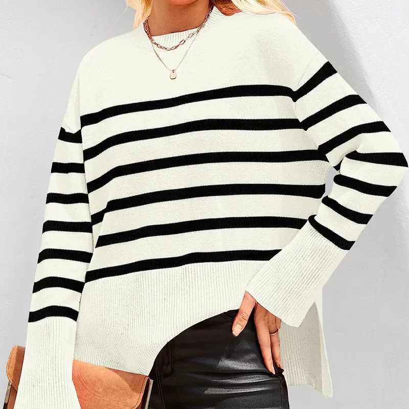 Baggy Striped Long-sleeved Side Slit Pullover Sweater, Women's Autumn and Winter Spell Color Round Neck Long-sleeve Knit Sweater