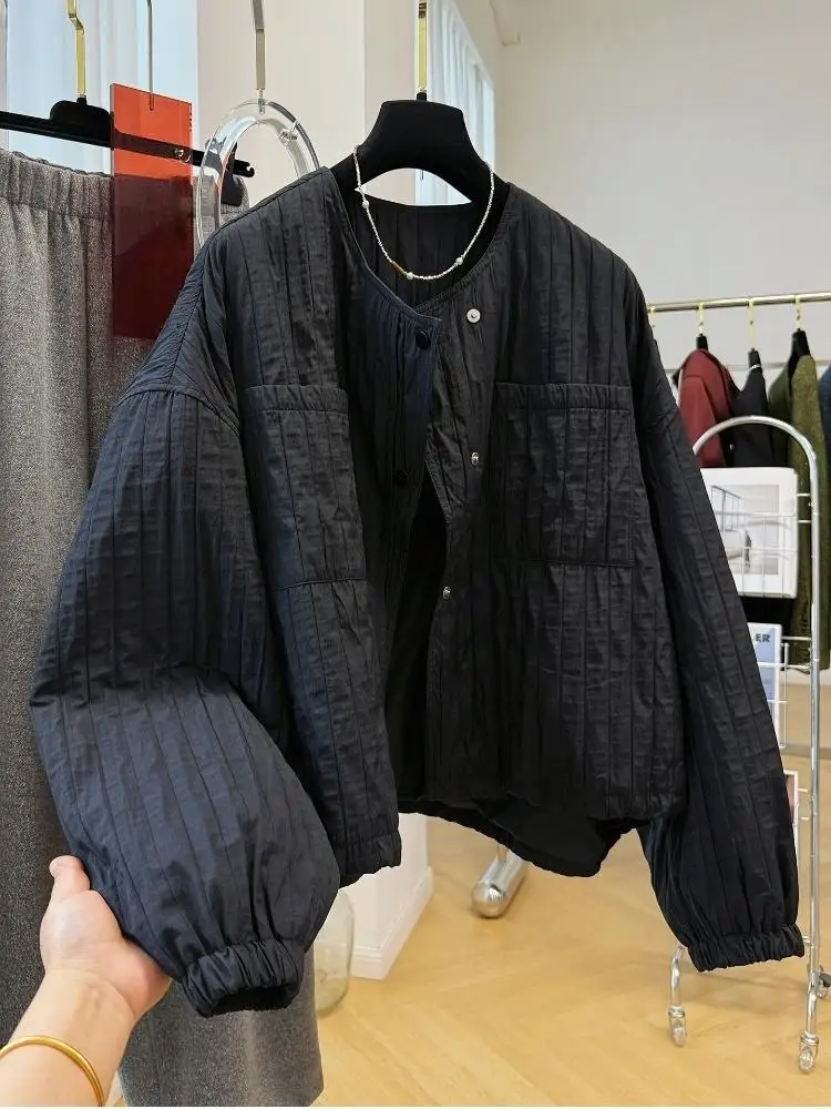 2025 Korean Women's Texture Induced Wrinkles Round Neck Quilted Cotton Jacket, Lightweight Loose Casual Coat
