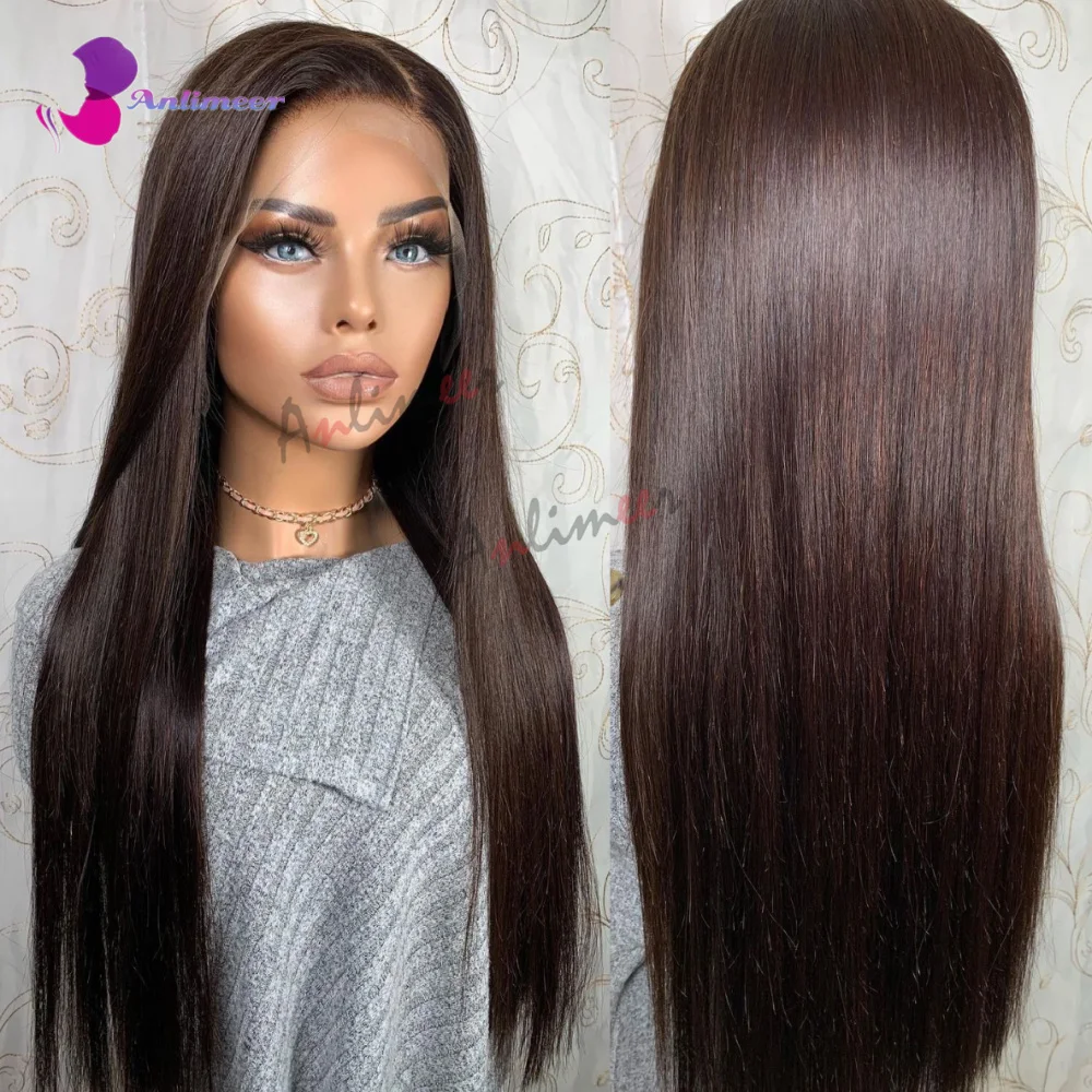 Darkest Brown Human Hair Wigs for Black Women Colored Pure 2# Colored Long Straight Left Side Part Wigs for Women