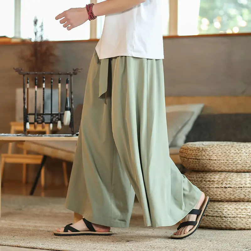 Ice Silk Wide Leg Men's Pants Ethnic Fairy Atmosphere Tang Costume Trousers Hanfu Style Summer Casual High Waist Straight Cut