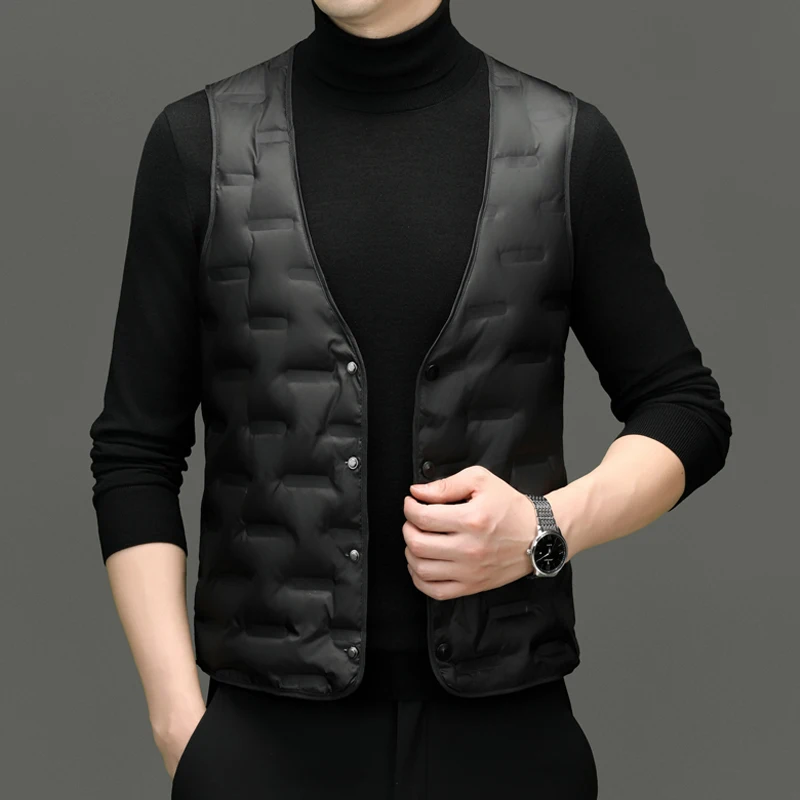 Men Lightweight Warm Puff Down Coat Black V-Neck Thermal Waistcoat Winter Autumn Cosy Sleeveless Outerwear Leisure Look
