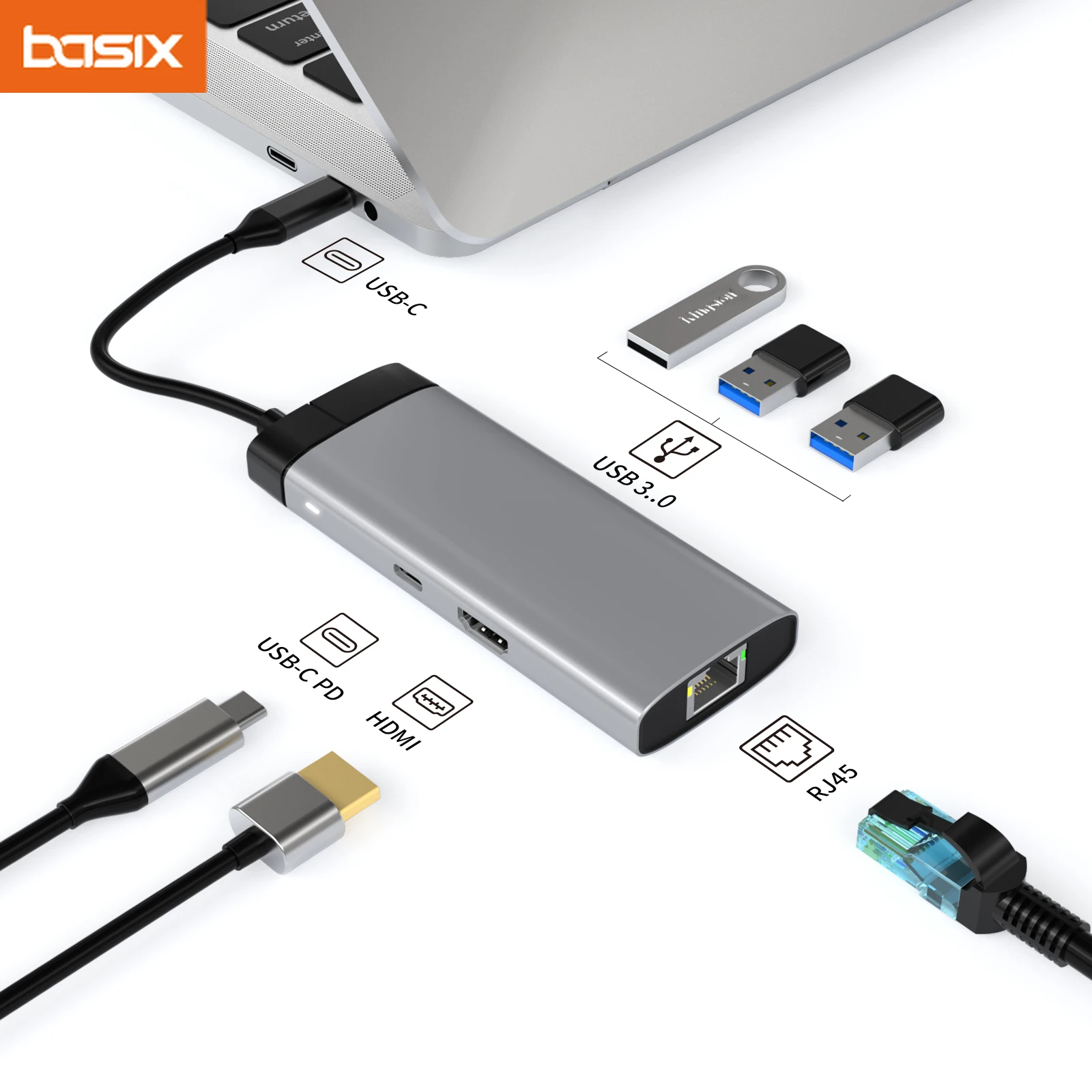 

Адаптер Basix USB Type C на HDMI-совместимый концентратор RJ45 конвертер PD 100 Вт USB 3,0 2,0 для Macbook Air iPhone 15 Promax USB C концентратор