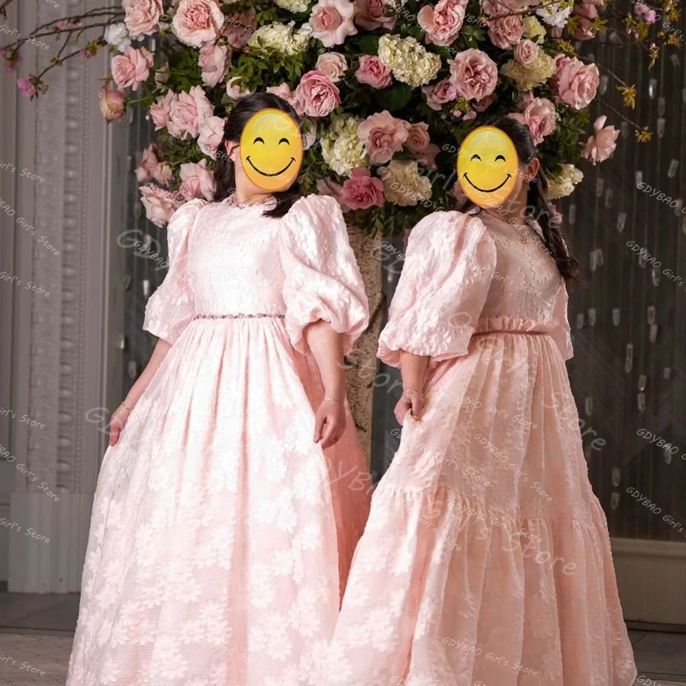 

Customized Girls Party Gown Vintage Pink Flower Girl Dresses for Wedding Kids Round Neck Balloon Sleeve Pageant Communion Dress