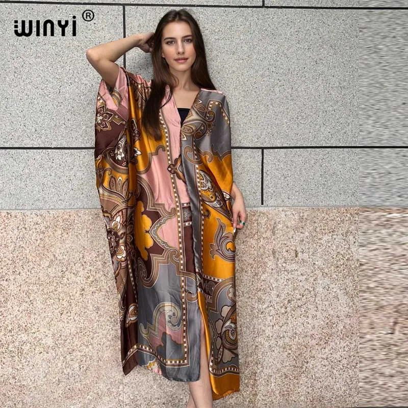 WINYI kaftan Summer african dress Printed beach wear women 2024 Loose Femme Robe Muslim beach cover ups silk feel evening dress