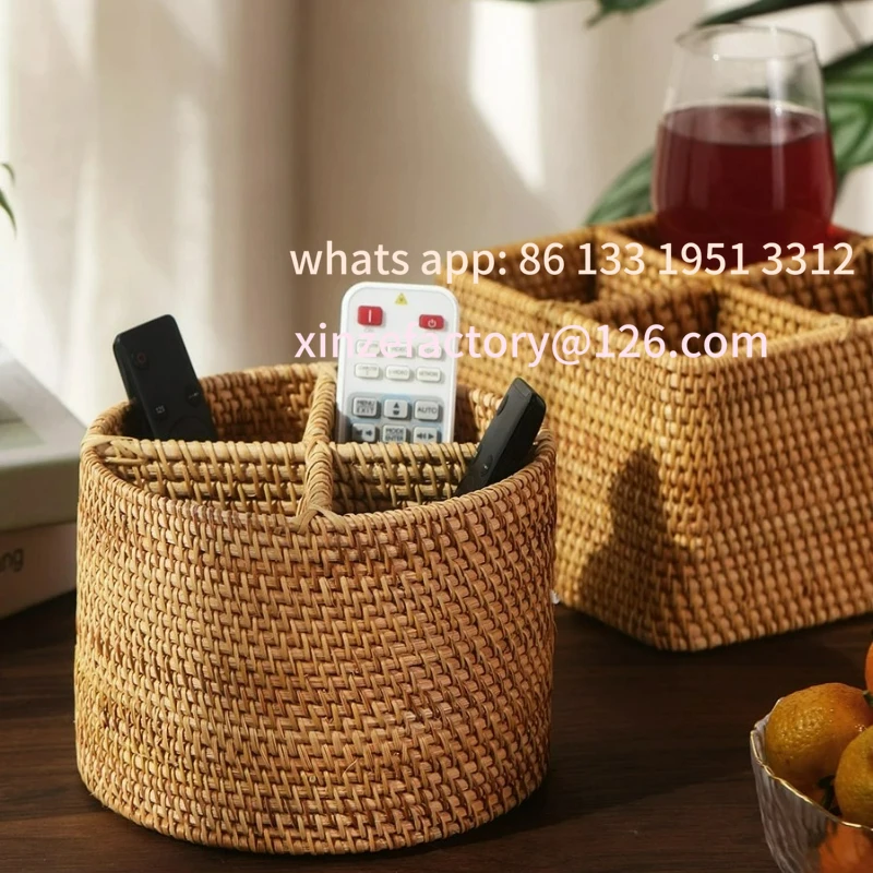 

Customizable Handwoven Rattan Storage Box With Handle Remote Controller Basket Cell Phone Ornament Boxes