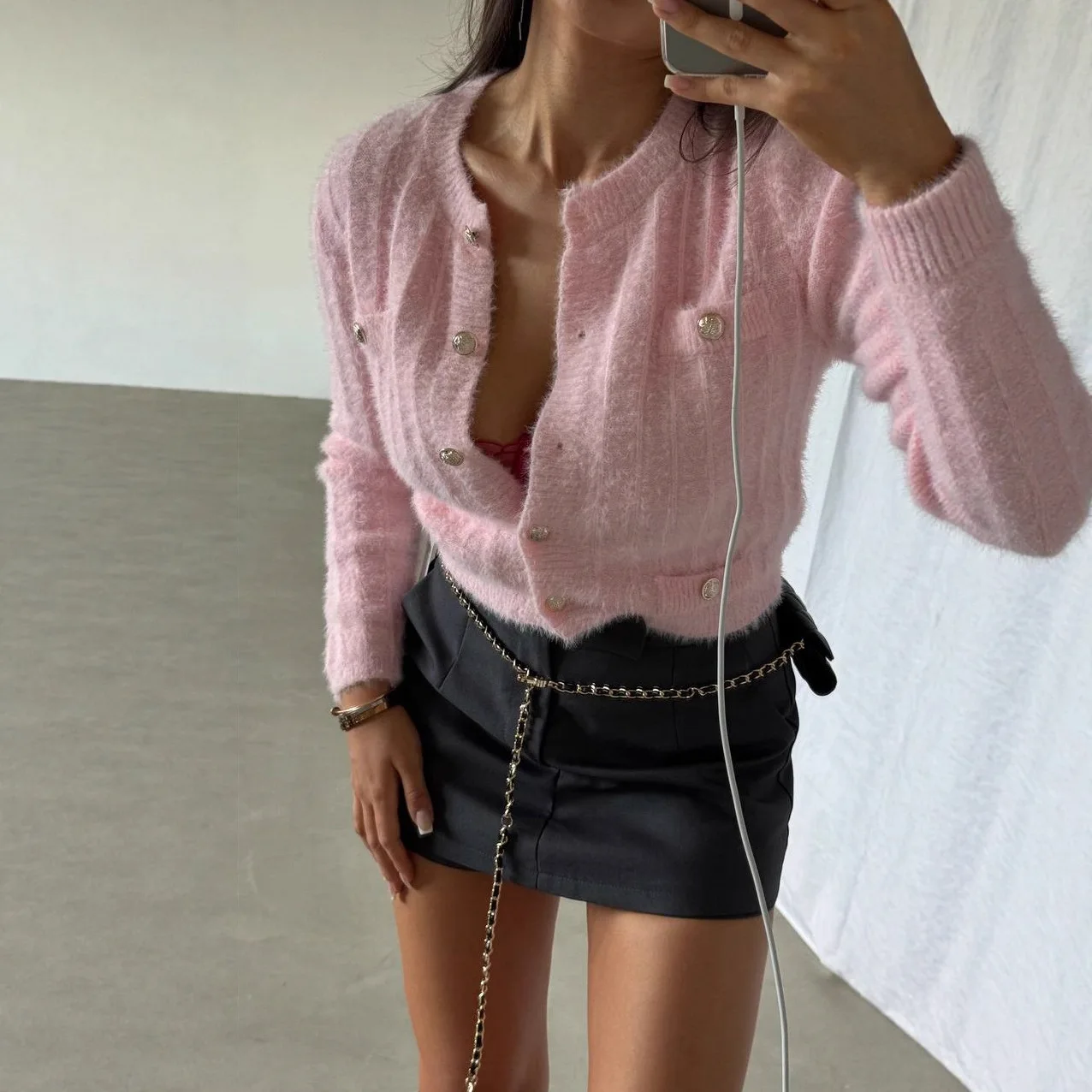 

Spring and Autumn Solid Color Temperament Knitted Cardigan Women's Autumn and Winter New Short Knitted Sweater Top