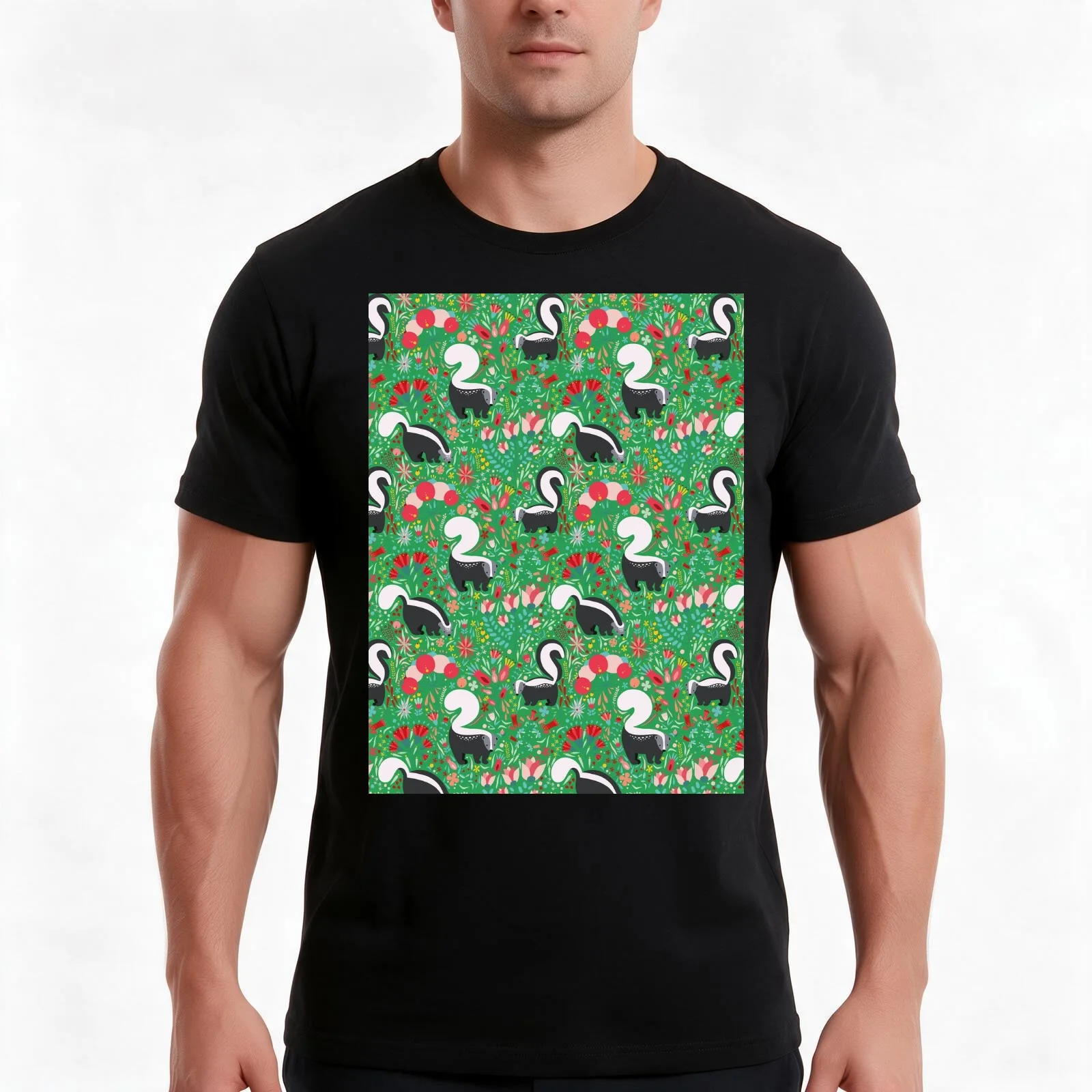 skunk pattern among flowers and fruits T-Shirt Summer Casual Cotton Tee Oversized Streetwear Tops Vintage Graphic Print