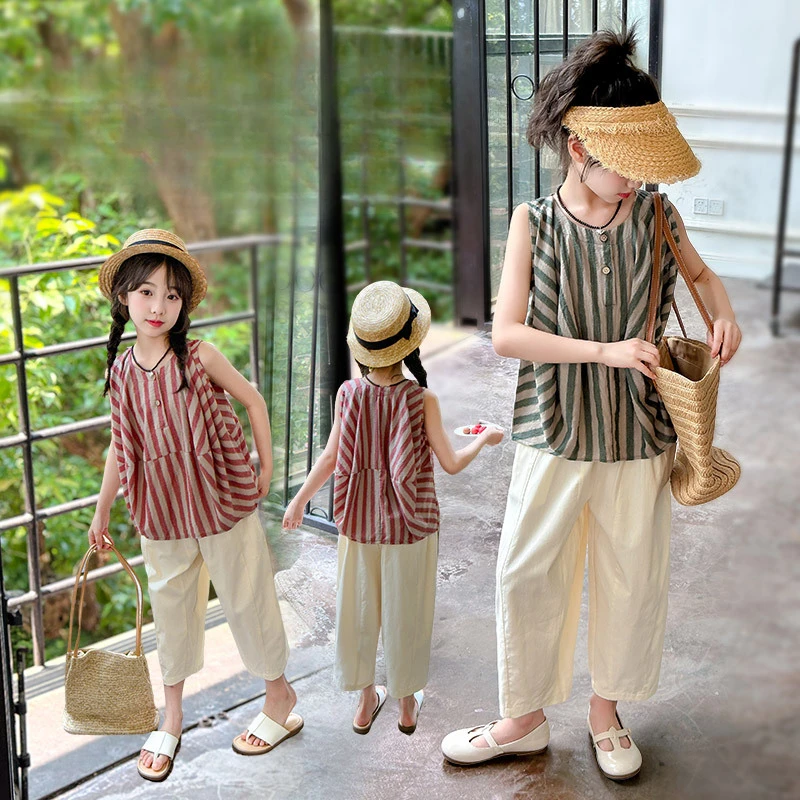 

Girls Suits Children Striped Vest Set 2024 Summer New Style Sleeveless Blouse Casual Wide-leg Pants Two-piece Set Clothes