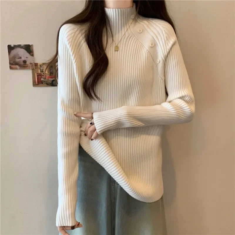 

Loose Slim Button Design Half Turtleneck Bottoming Women's Autumn and Winter New Spliced pullover Long-sleeved Sweater
