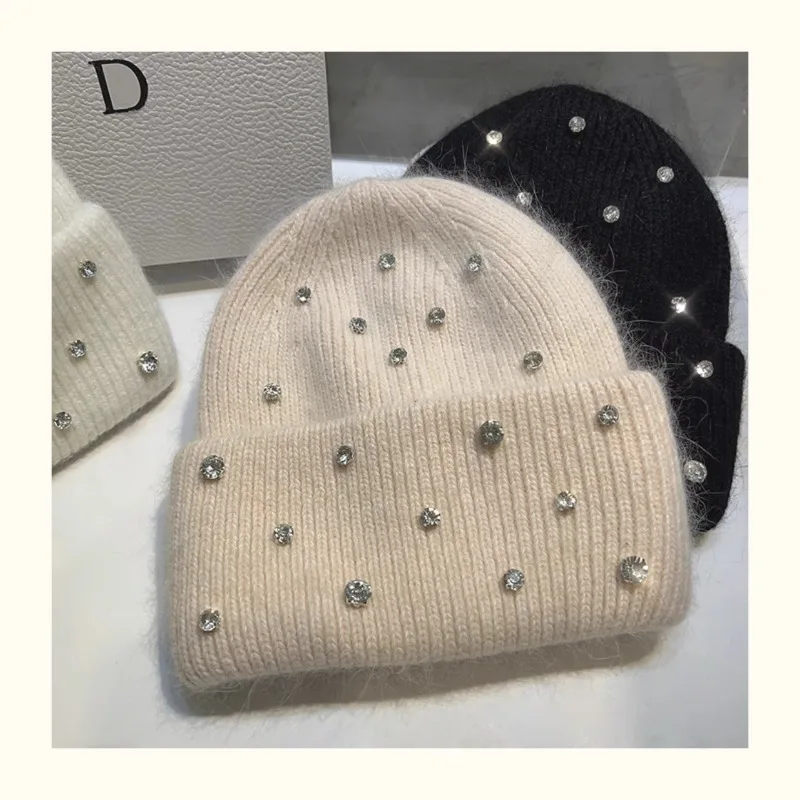 2024 Luxury Rhinestone Winter Hats for Womem Elegant Fashion Designer Angola Warm Beanies Soft  Solid Adult Cover Head Cap