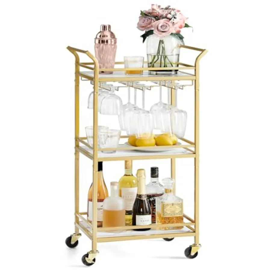 

Bar Cart Home Bar Serving Cart with 3 Tiers Kitchen Shelf with Wine Rack Glass Holders for Small Spaces Dining Room Living Room