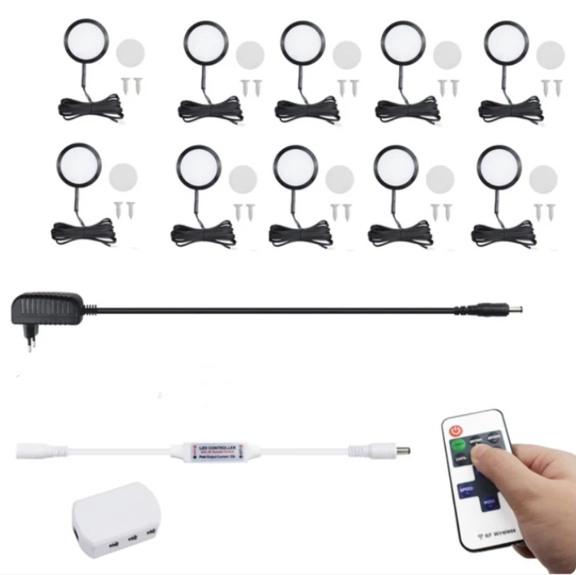 2W Led Under Cabinet Light Kits Dimmable with RF Remote Controller for Counter Wardrobe Bookshelf Kitchen Lighting Fixture