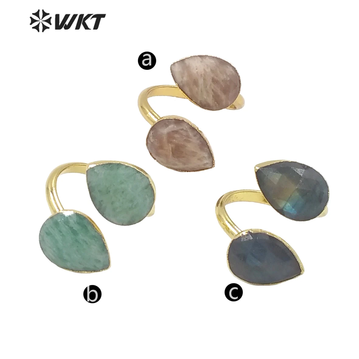 WT-R402 WKT Simple Natural Stone Ring labradorite Amazon Sun Stone Waterdrop Shape Ring Adjustable Gold Plated Women's Jewelry